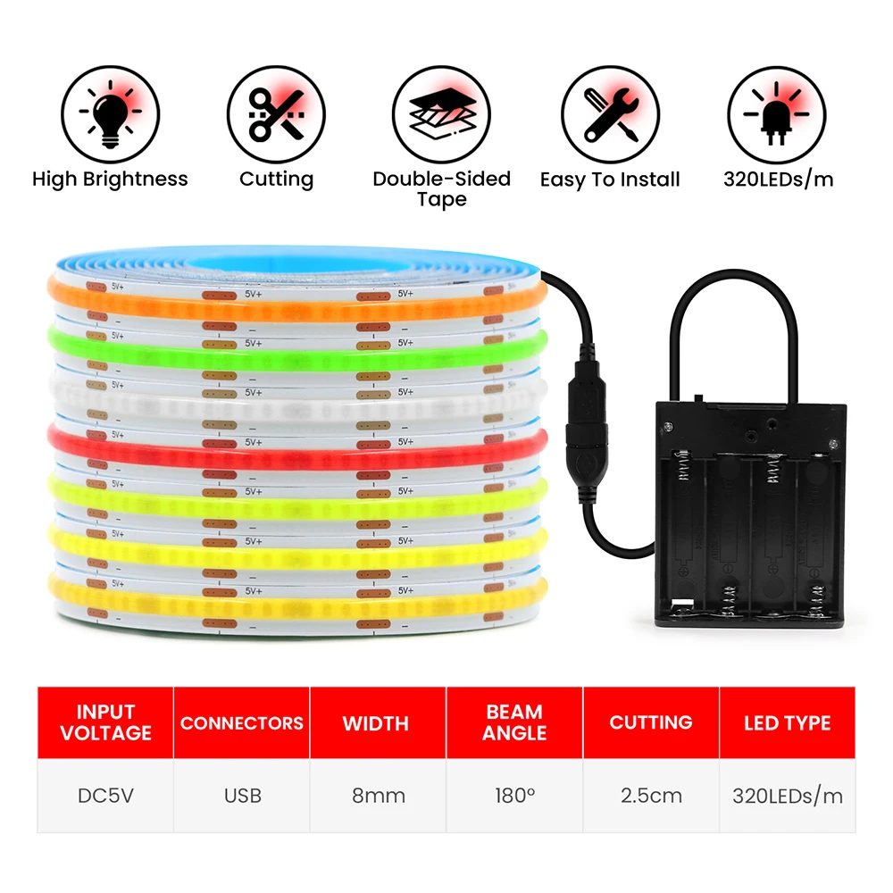5V USB Battery Powered COB Led Strip Light 3mm 5mm 8mm PCB - Image 6