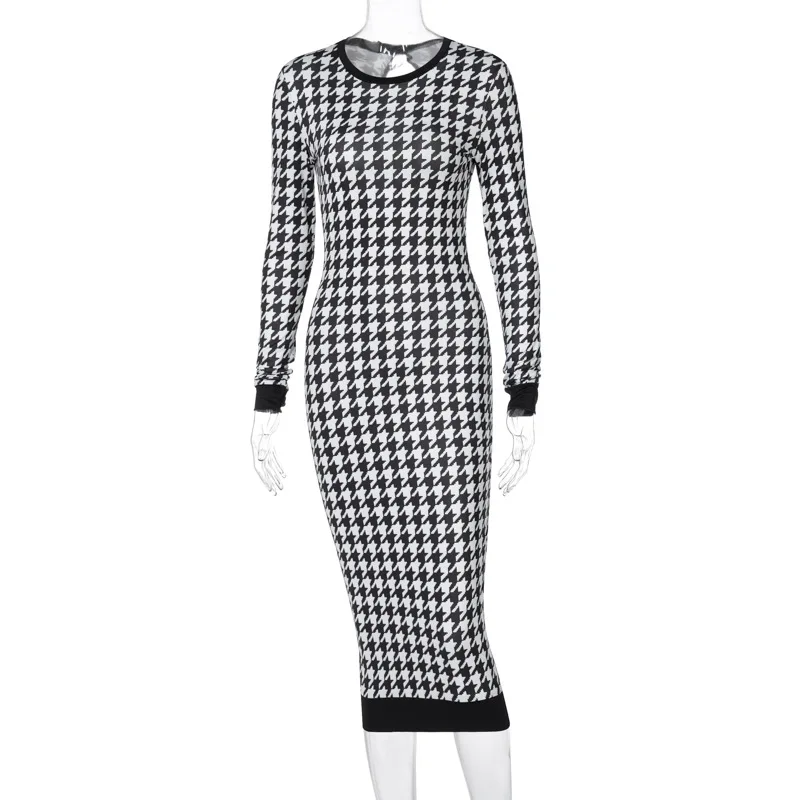 Houndstooth Print Women Long Sleeve Midi Dress Hollow Out Bodycon Sexy Streetwear 2022 Autumn Winter Club Elegant Slim - Image 5