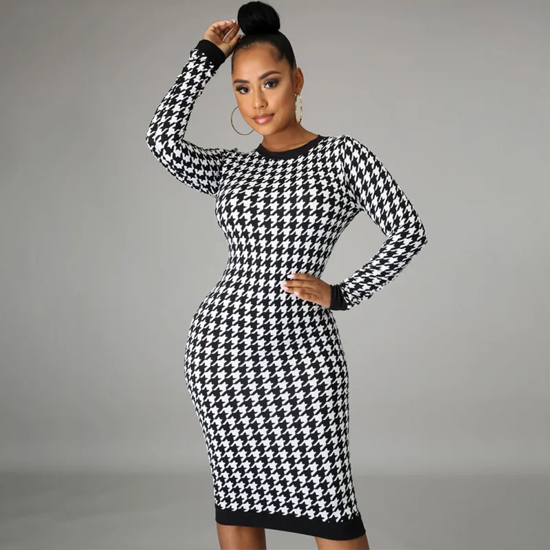 Houndstooth Print Women Long Sleeve Midi Dress Hollow Out Bodycon Sexy Streetwear 2022 Autumn Winter Club Elegant Slim - Image 2