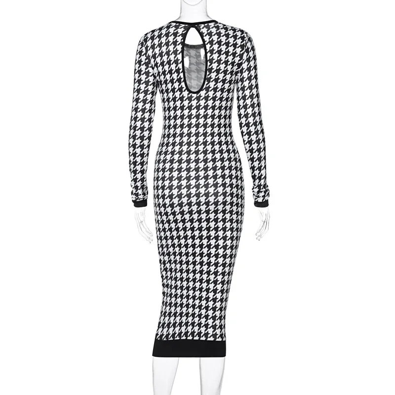 Houndstooth Print Women Long Sleeve Midi Dress Hollow Out Bodycon Sexy Streetwear 2022 Autumn Winter Club Elegant Slim - Image 6