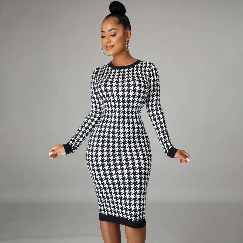 Houndstooth Print Women Long Sleeve Midi Dress Hollow Out Bodycon Sexy Streetwear 2022 Autumn Winter Club Elegant Slim - Image 3