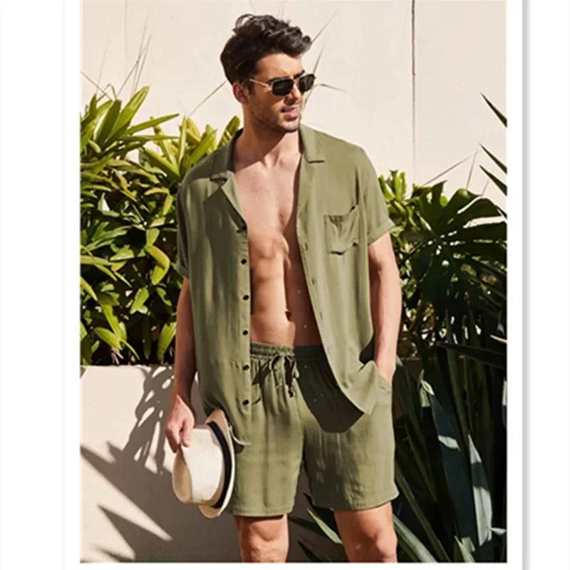 Men‘s Linen Short Sleeve Linen Cotton And Linen Cardigan Shirt Shorts Suit