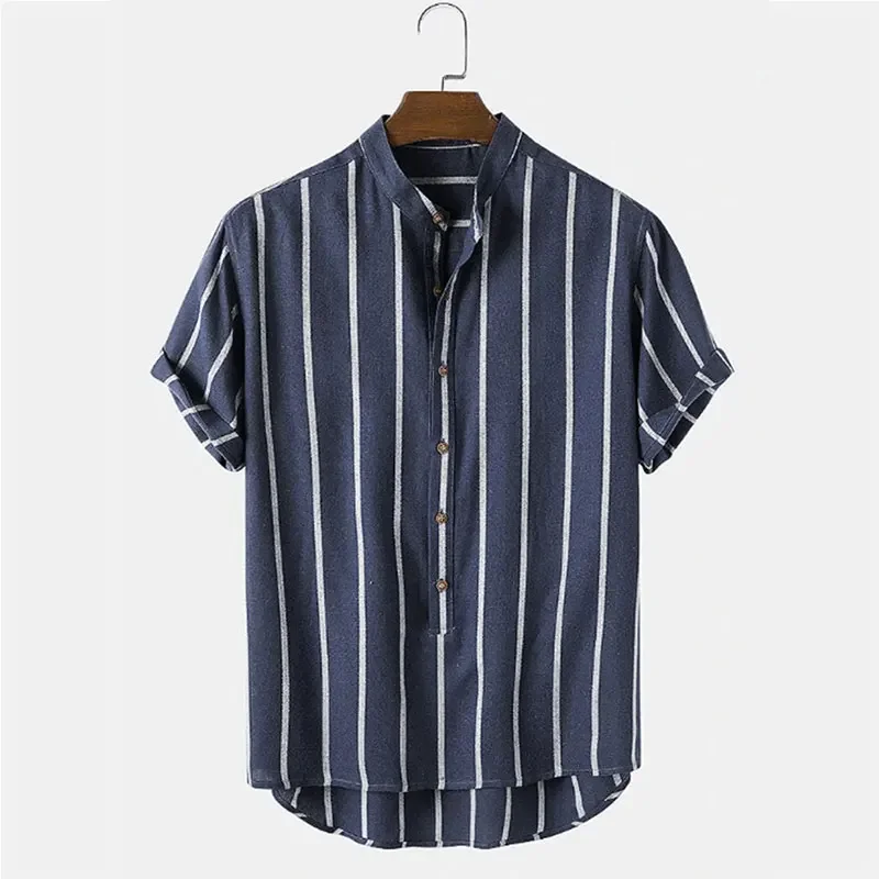 Men's Striped Short Sleeve Cotton Linen Button Loose Shirt