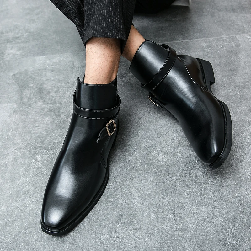 Men Autumn Chelsea Boots with Sleeve Soft Leather Buckle - Image 3
