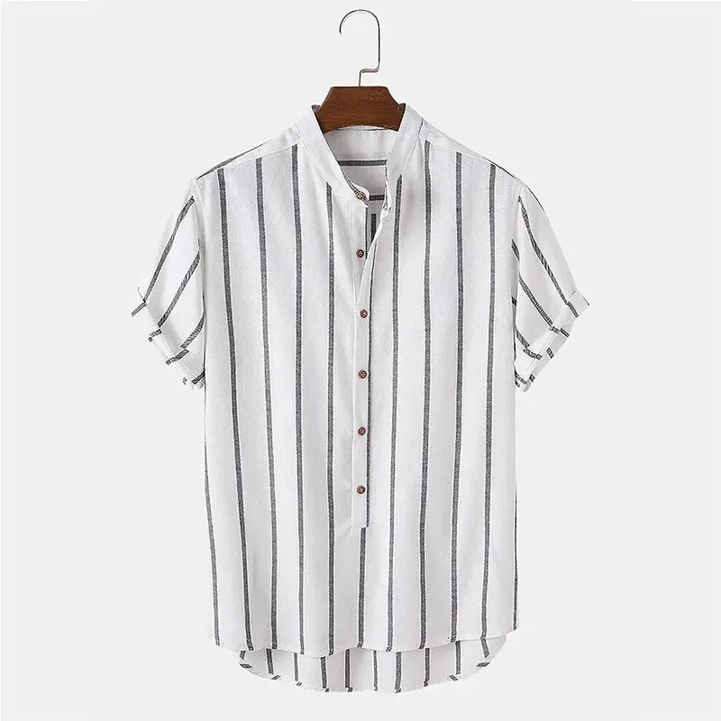 Men's Striped Short Sleeve Cotton Linen Button Loose Shirt - Image 2