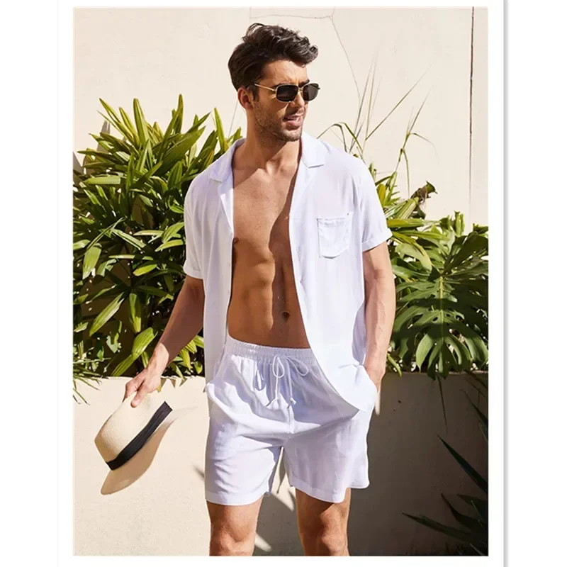 Men‘s Linen Short Sleeve Linen Cotton And Linen Cardigan Shirt Shorts Suit - Image 5
