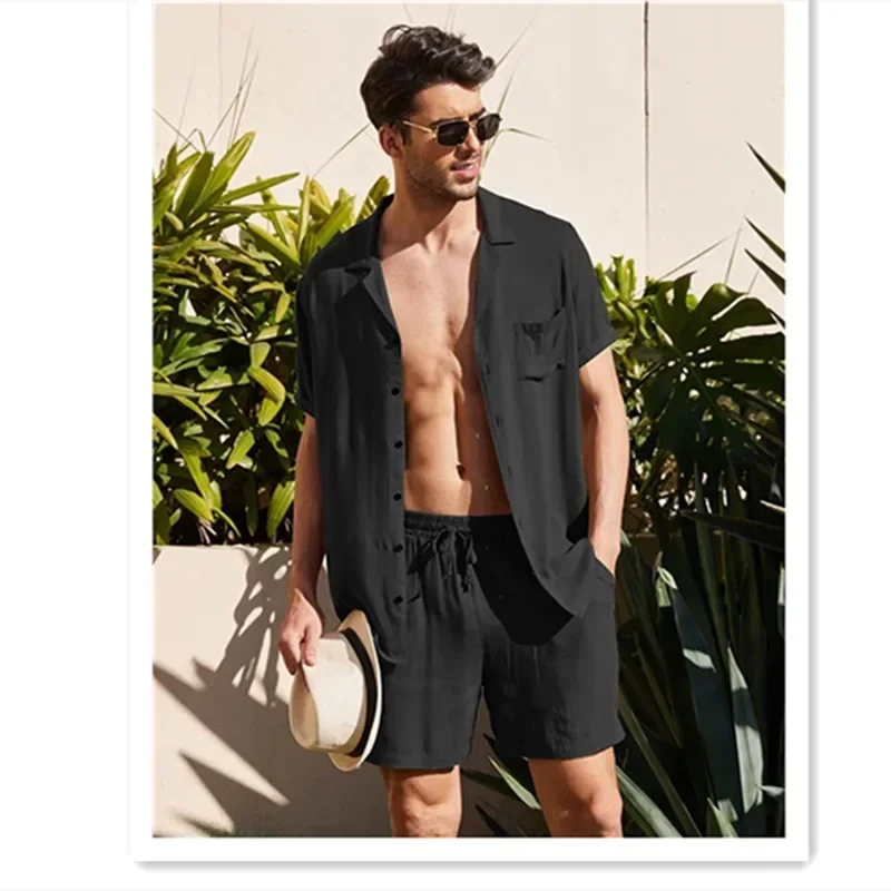 Men‘s Linen Short Sleeve Linen Cotton And Linen Cardigan Shirt Shorts Suit - Image 3