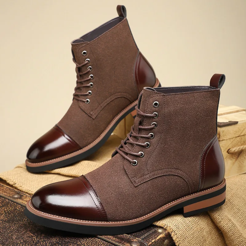 Patent Leather Men Boots Patchwork Suede Ankle Boots For Man