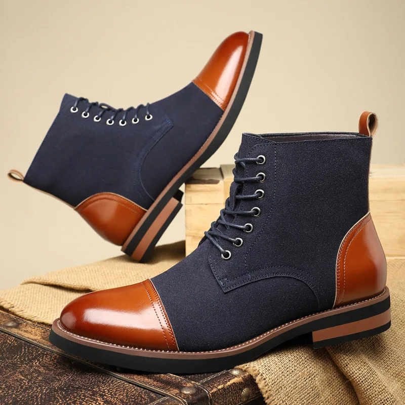 Patent Leather Men Boots Patchwork Suede Ankle Boots For Man - Image 3