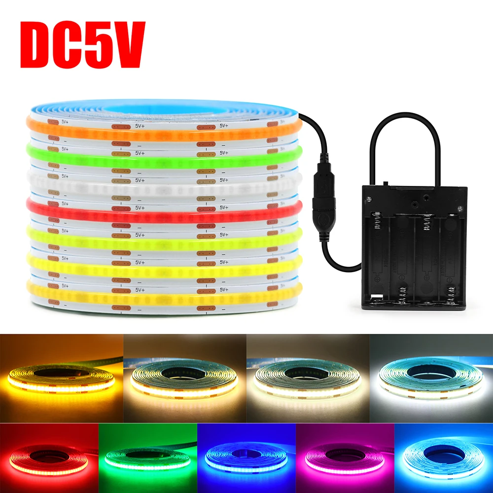 5V USB Battery Powered COB Led Strip Light 3mm 5mm 8mm PCB
