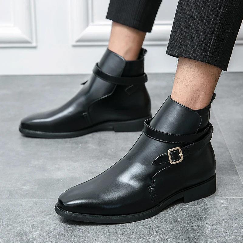 Men Autumn Chelsea Boots with Sleeve Soft Leather Buckle - Image 2