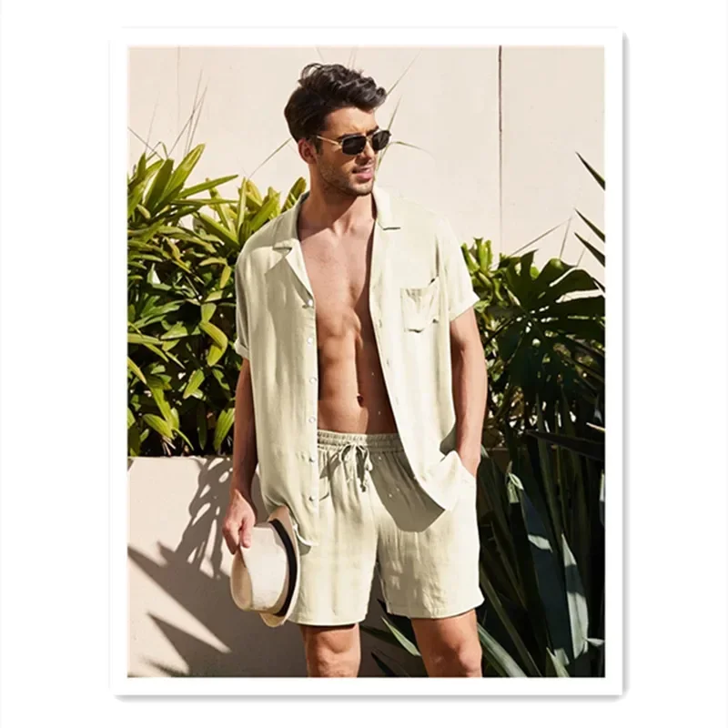 Men‘s Linen Short Sleeve Linen Cotton And Linen Cardigan Shirt Shorts Suit - Image 4