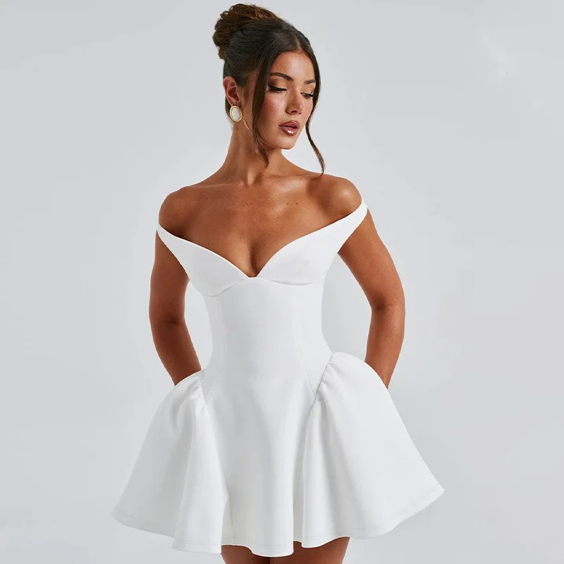 Sexy Club Evening Party Dresses Women Clothing 2025 Summer Dress Elegant Off Shoulder Backless Pleated Short Mini White Dress