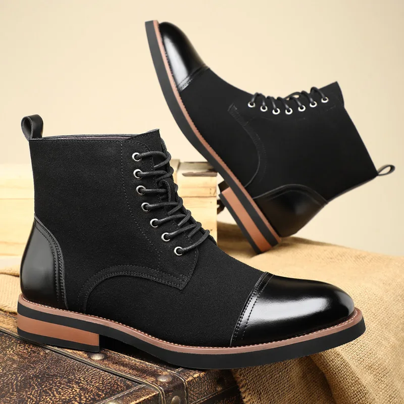 Patent Leather Men Boots Patchwork Suede Ankle Boots For Man - Image 4