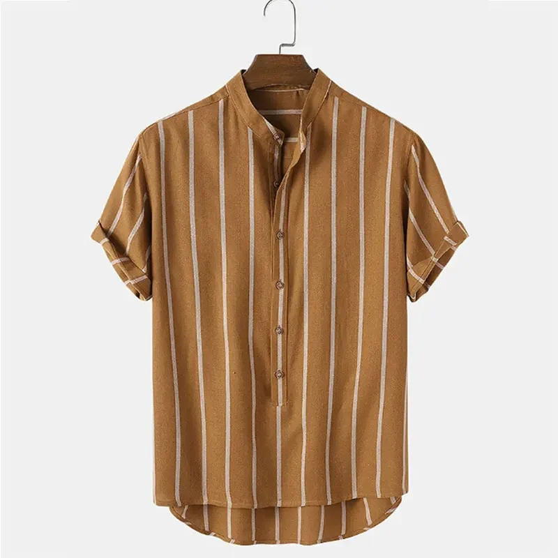 Men's Striped Short Sleeve Cotton Linen Button Loose Shirt - Image 3