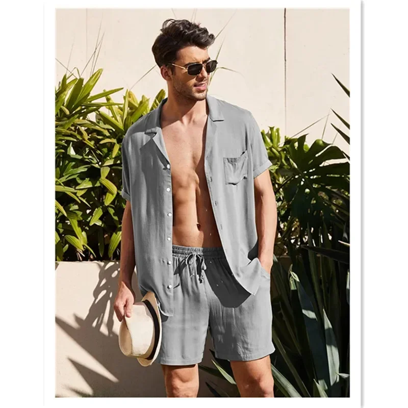 Men‘s Linen Short Sleeve Linen Cotton And Linen Cardigan Shirt Shorts Suit - Image 6